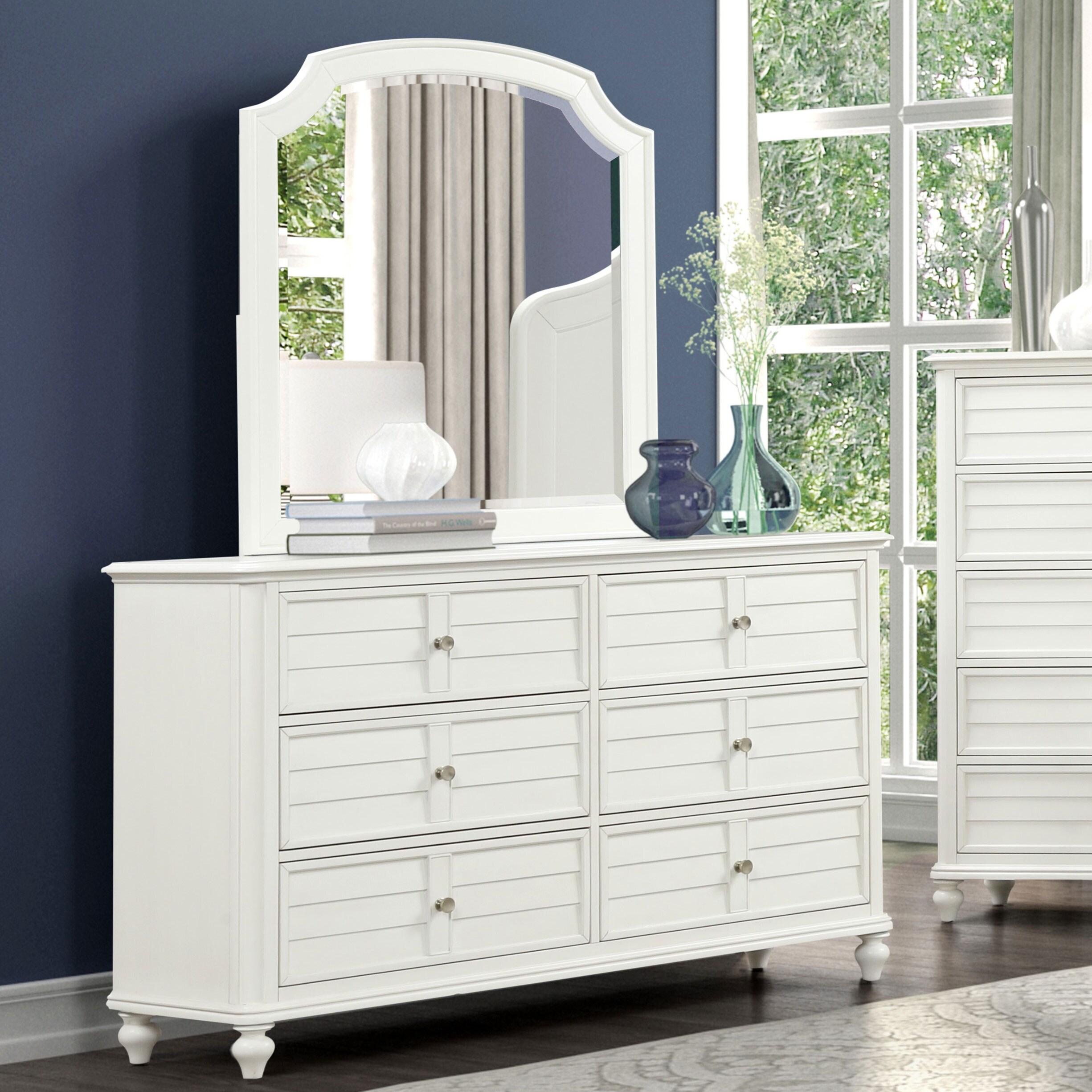 Furniture of America Skye Louvered 6-Drawer Dresser and Mirror Set, Antique White, 38"H x 64"W x 18"D Dresser, 42"H x 39.5"W x 1.5"D Mirror Furniture of America Skye Louvered 6-Drawer Dresser and Mirror Set, Antique White, 38"H x 64"W x 18"D Dresser, 42"H x 39.5"W x 1.5"D Mirror