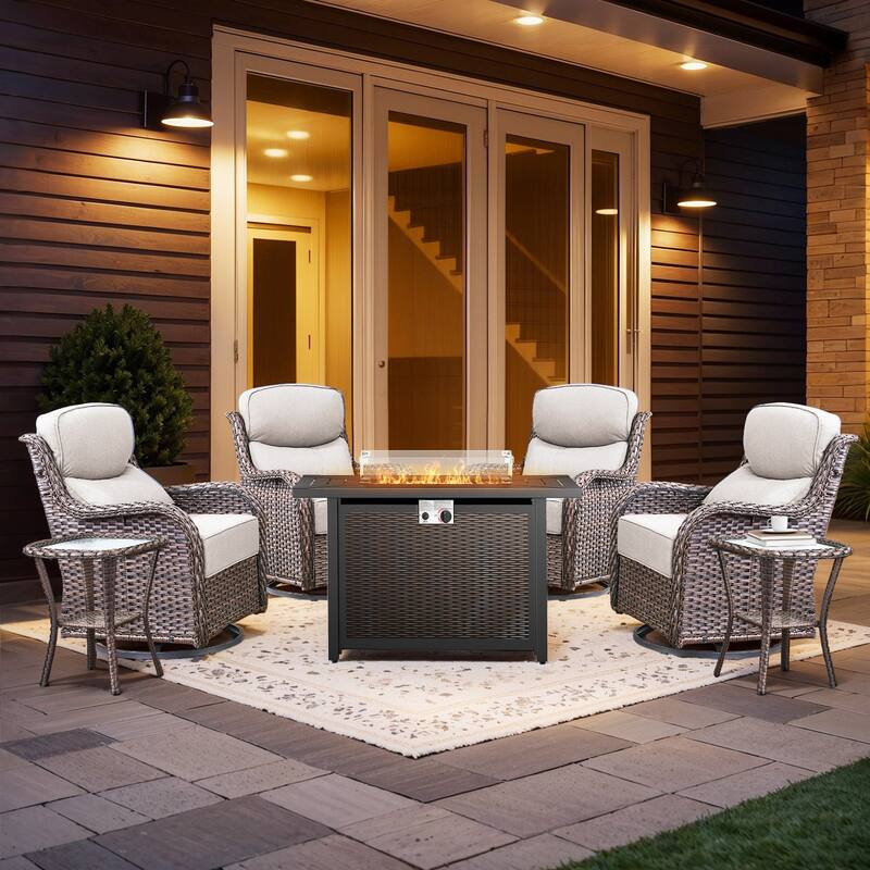 Pocassy Patio Furniture Set with 43 inch Fire Pit Table - Beige Cushion Brown Wicker - 7-Piece Fire Pit Table w/ Swivel Chair Table Set