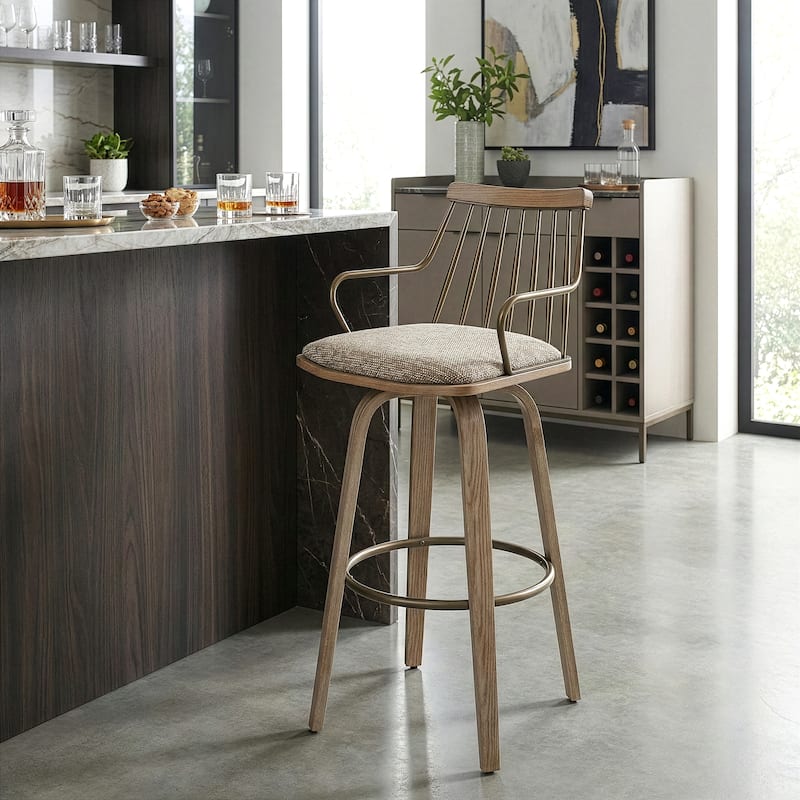 Beatrice Brown and White Woven Fabric Bar Stool with Natural Wood Legs
