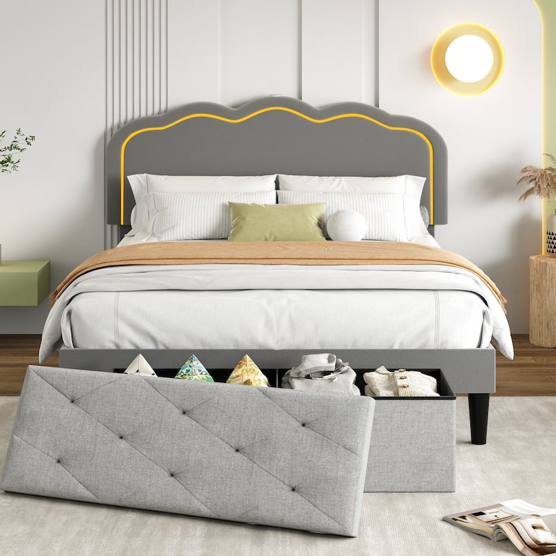 VECELO Upholstered Bed Frames with Headboard & LED Lights and Storage Ottoman (Set of 2),Bedroom Set - Queen