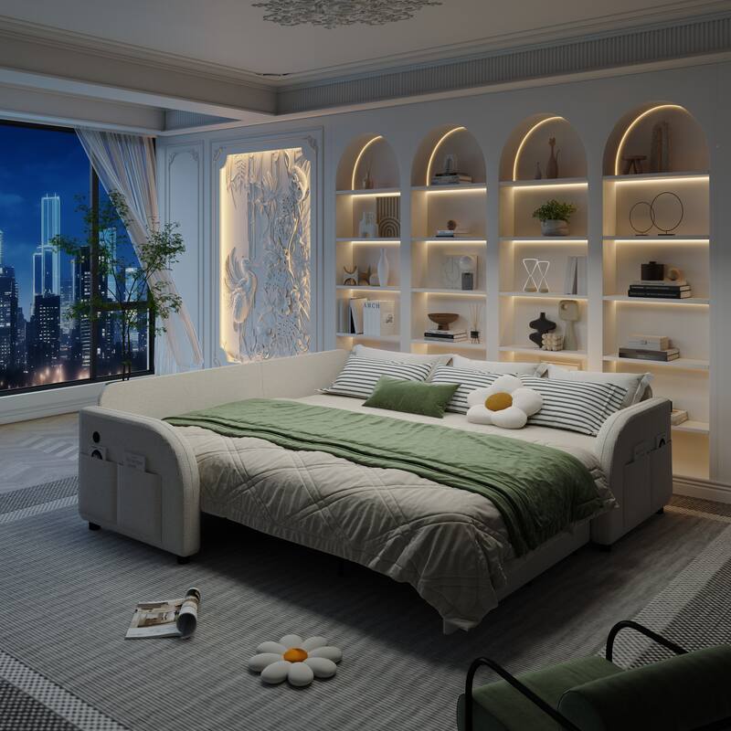 85" L-Shaped Convertible Sleeper Sofa with Pull-Out Bed, Teddy Upholstery & USB Ports