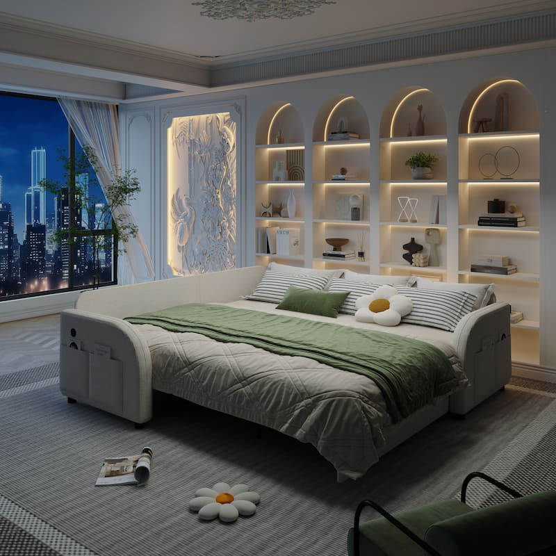 GDFStudio - 85.1" Teddy Upholstered L-Shaped Sleeper Sofa with USB & Side Pocket