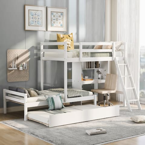 Twin over Twin Bunk Bed with Convertible Built-in Desk and Down Bed,Trundle and Ladder
