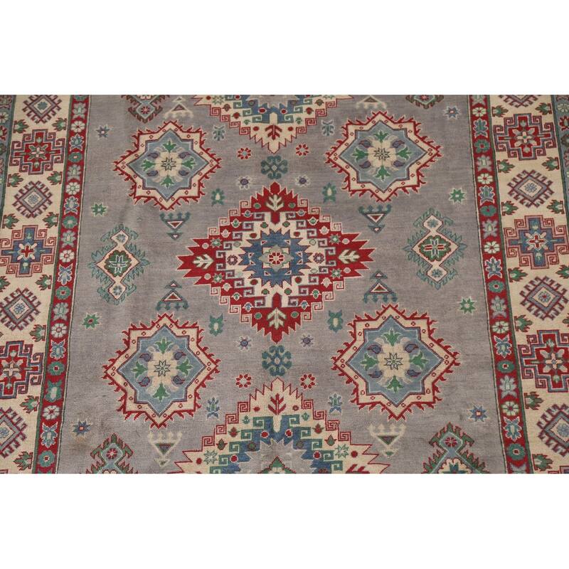 Gray Geometric Kazak Oriental Area Rug Hand-Knotted Wool Carpet - 6'10"x 9'11"