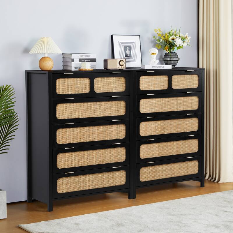 Wooden Rattan 5-Drawer Storage Cabinet Dresser