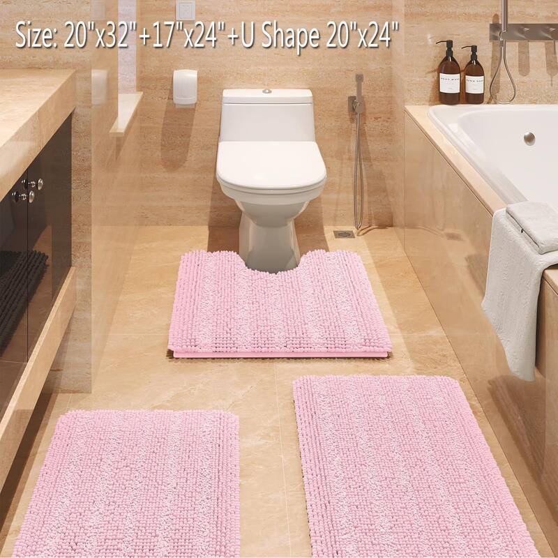 Ultra Soft Striped Non Slip Chenille Bathroom Rug Set 3 Pieces - Pink