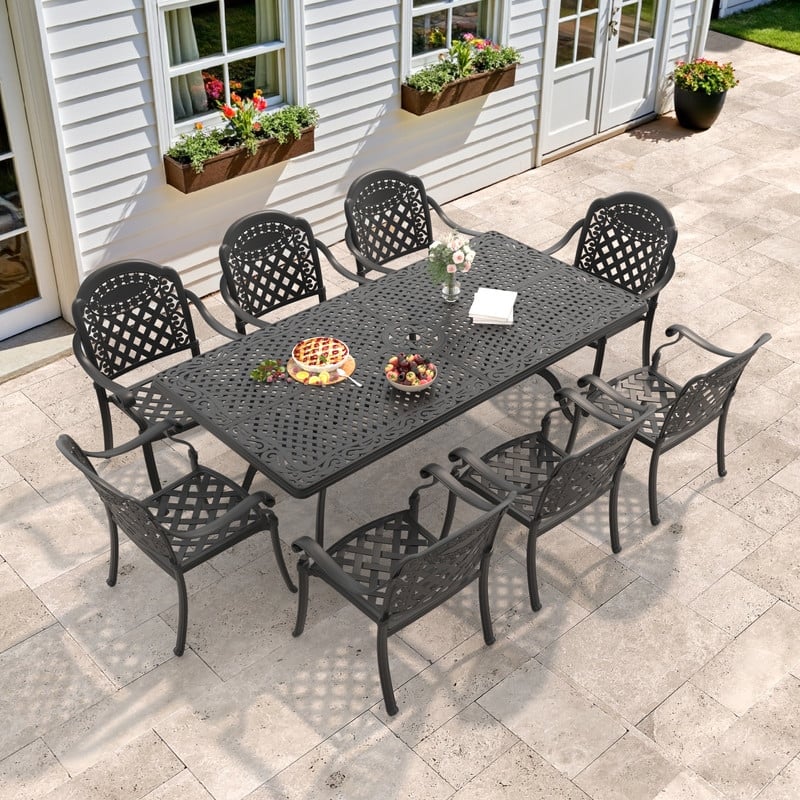 7/9-Piece Cast Aluminum Outdoor Dining Set with 82.68'' L X 41.34'' W Rectangular Table and Seat Cushions