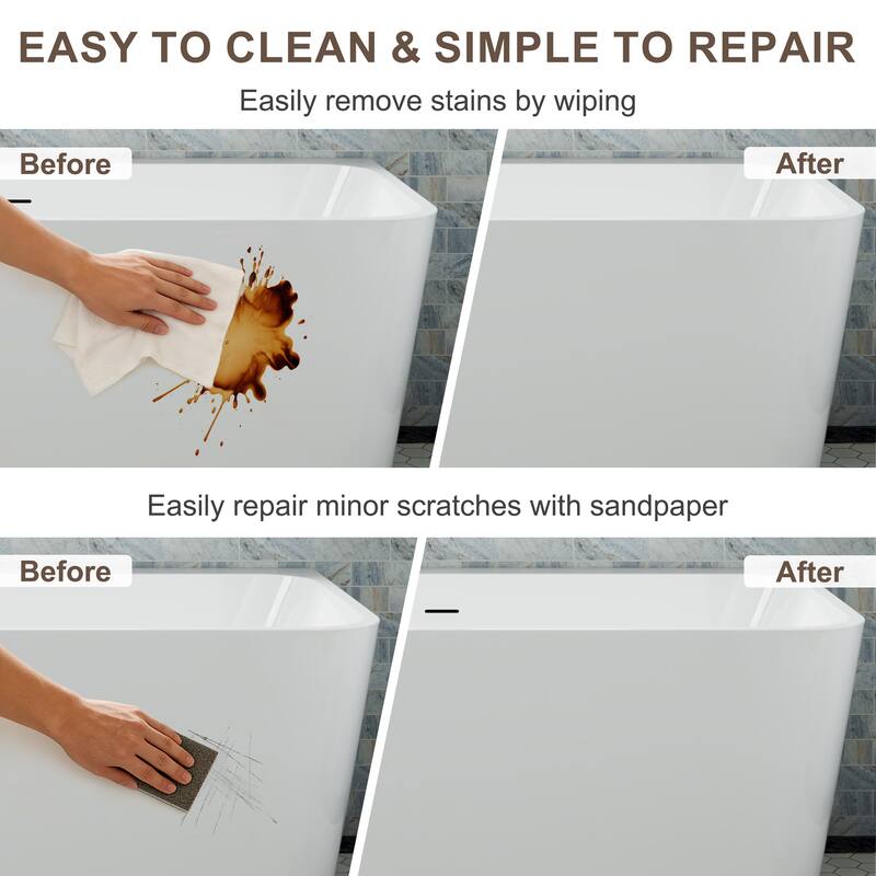 59 in. Freestanding Acrylic Soaking Bathtub, Modern Rectangular Design with Included Drainer