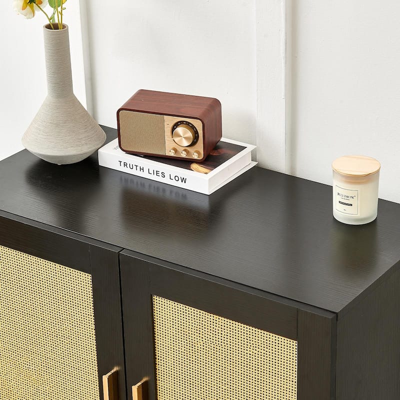 Anmytek Modern Black Rattan Buffet Cabinet Sideboard Kitchen Storage Credenza with Gold Handles