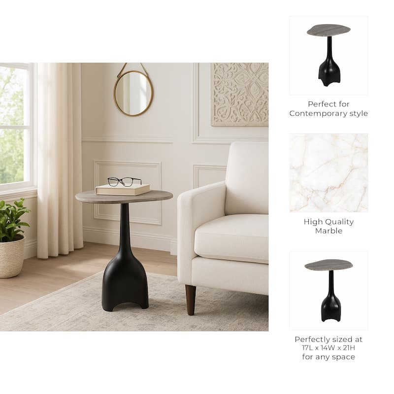 Curved Marble Top with Metal Base End Table - Black, 21 in.