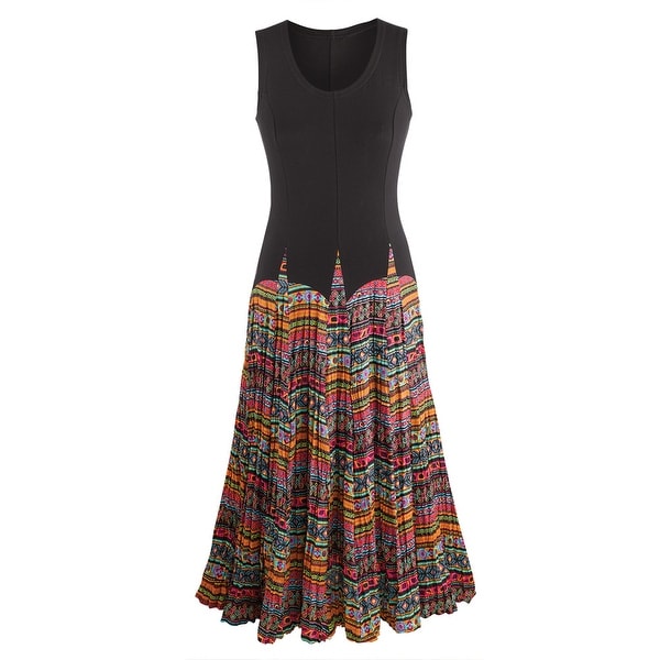 Women's Mixed Fabrics Maxi Dress - Black Sleeveless Top Patterned Skirt - multicolor