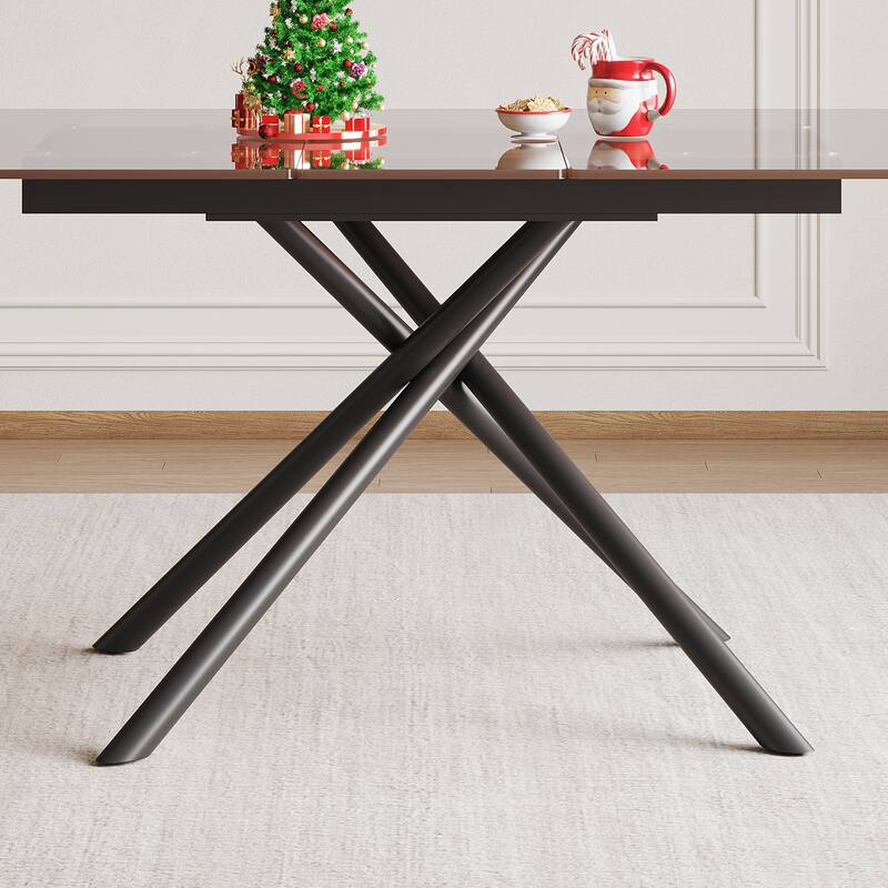 59-inch Modern Rectangle Expandable Dining Table with Retractable Leaf, Black Sandblasted Glass Top & Carbon Steel X-Base