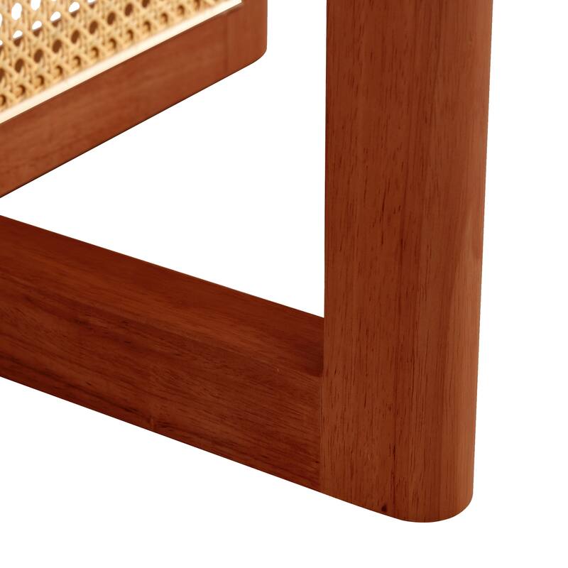 A natural and elegant deep red wooden coffee table with artificial rattan decorations