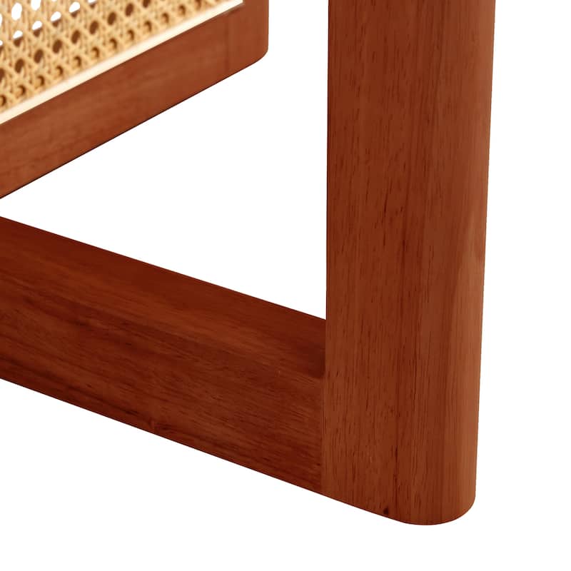 wooden coffee table with faux rattan accents