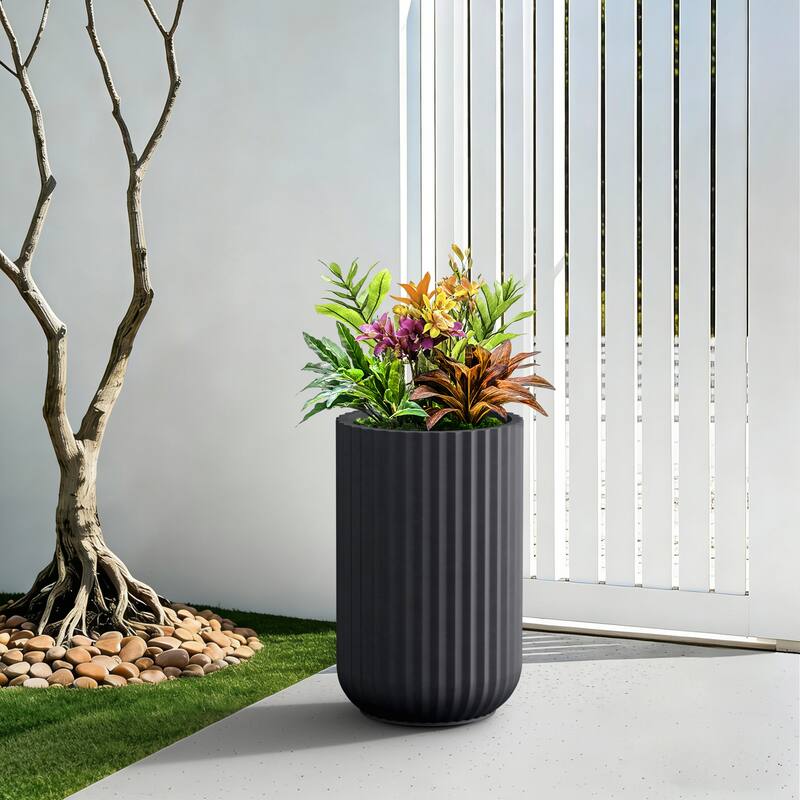 Concrete Tall Round Ribbed Design Planter with Drainage Hole