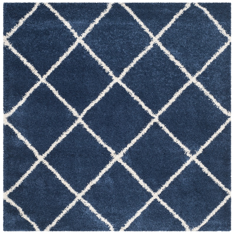 SAFAVIEH Hudson Shag Estella Diamond Trellis 2-inch Thick Rug - 7' Square - Navy/Ivory - Square