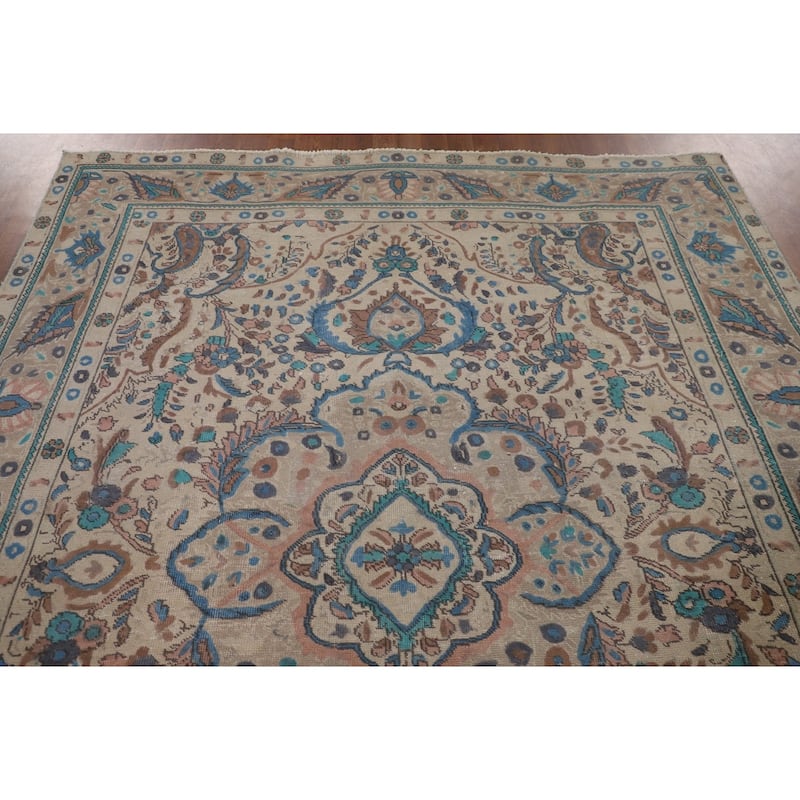 Over-Dyed Tabriz Persian Vintage Area Rug Handmade Beige Wool Carpet - 6'9"x 9'1"