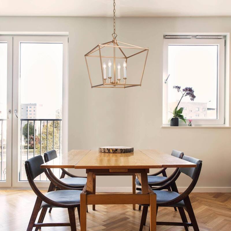 Modern Glam Gold 4-Light Geometric Lantern Cage Chandelier for Foyer - L17.5"*W17.5"*H20"