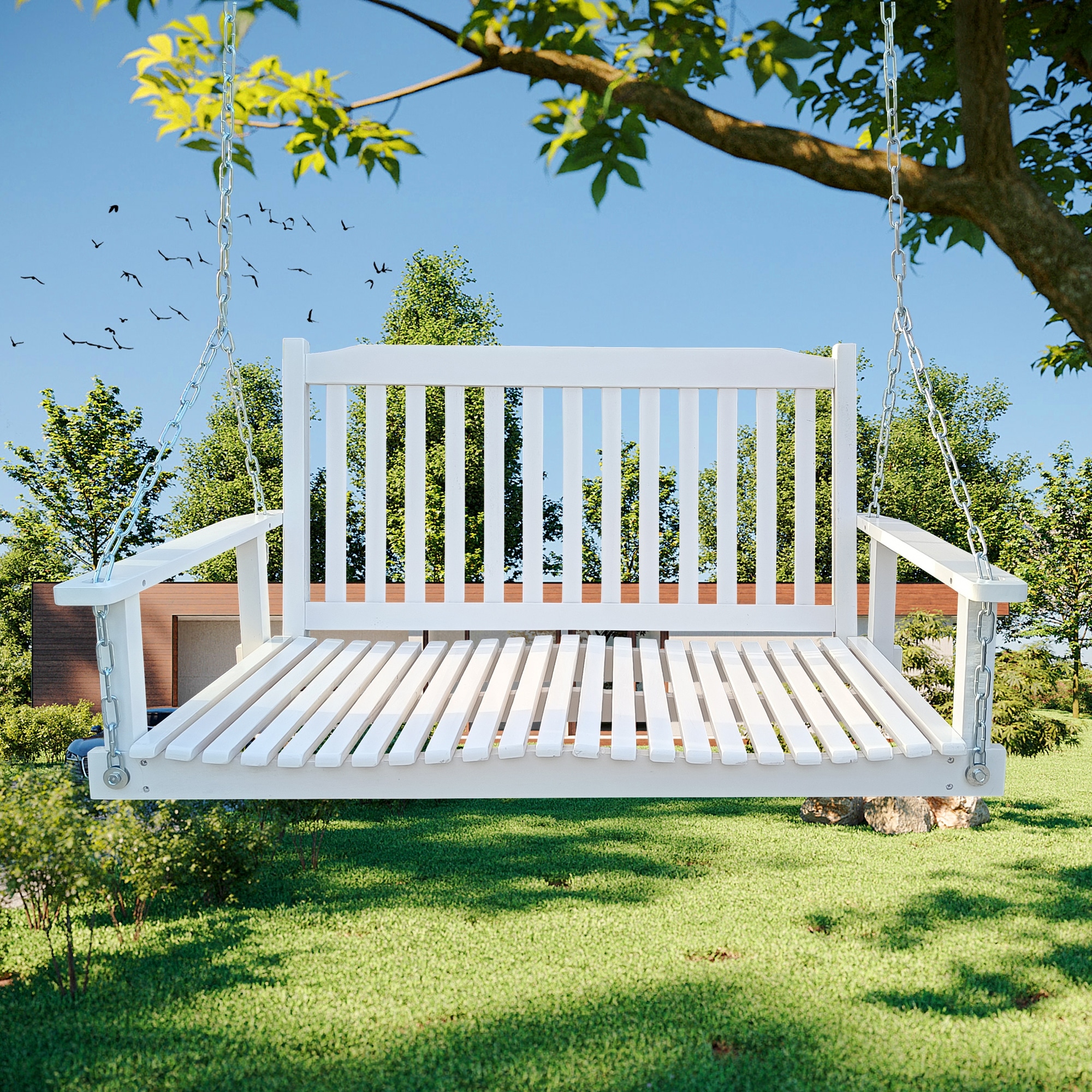 White front store porch swing