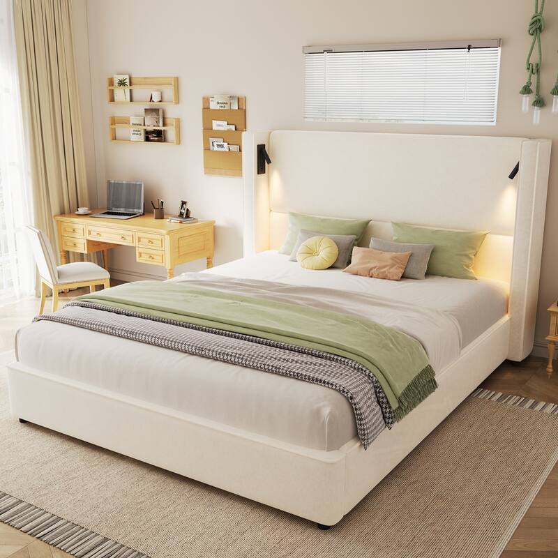 Upholstered Bed Frame with High Wingback Headboard Reading Lamp and USB port - Queen