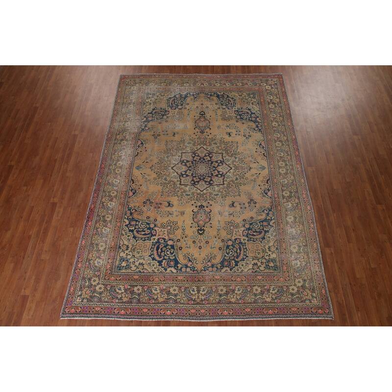 Vintage Distressed Mashad Persian Area Rug Hand-knotted Wool Carpet - 7'11" x 11'1"