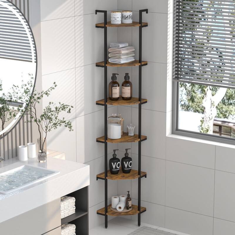 Rustic Brown Wall Mounted Corner Shelf - 11.81"D x 11.81"W x 70"H