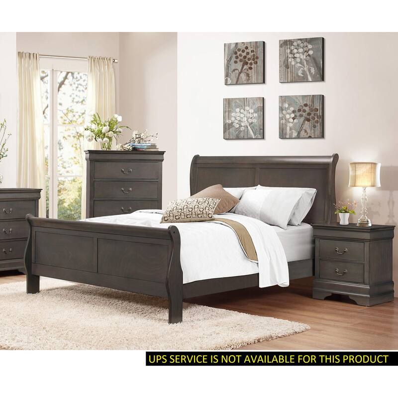 Traditional Queen Size Sleigh Bed with Stained Gray Finish - Gray