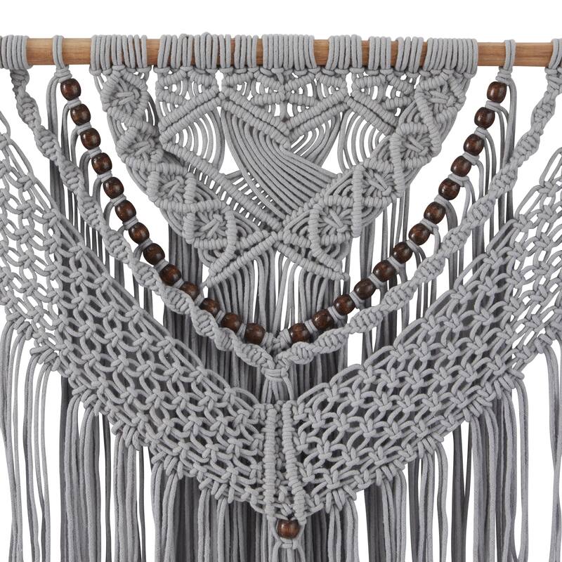 Cotton Fabric Macrame Handmade Intricately Weaved Wall Decor with Beaded Fringe Tassels - Gray - Roche River Decor