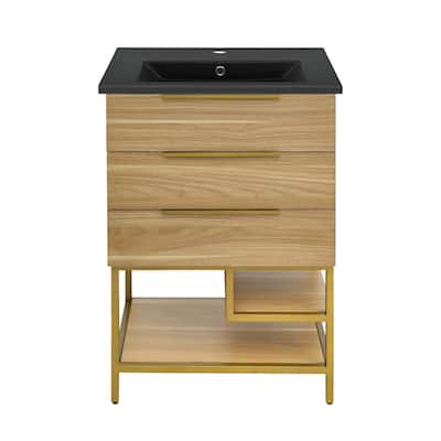 Carre 24 In. White Oak Bathroom Vanity With Black Ceramic Sink Top
