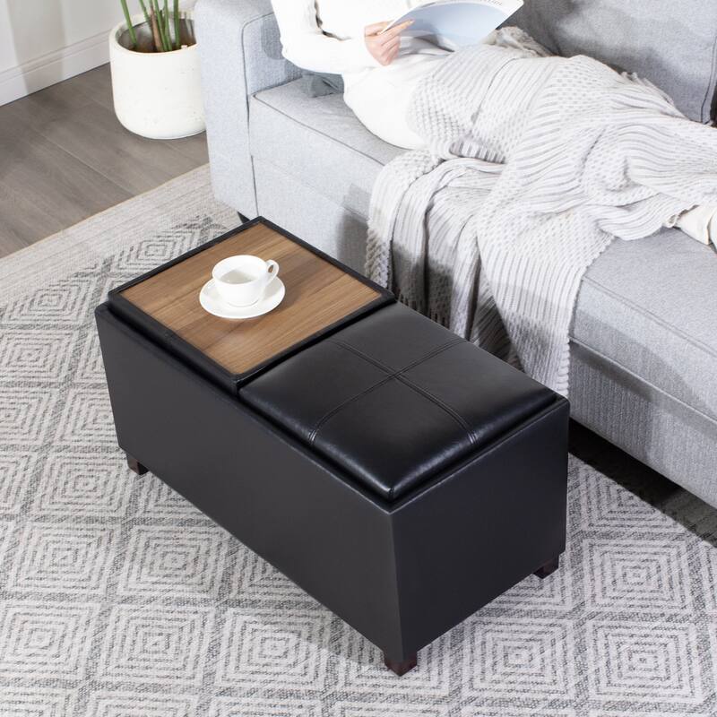 Adeco Rectangle Faux Leather Storage Ottoman with Dual Flip-Top Trays - 31.1"X15.4"X15.7 - Black