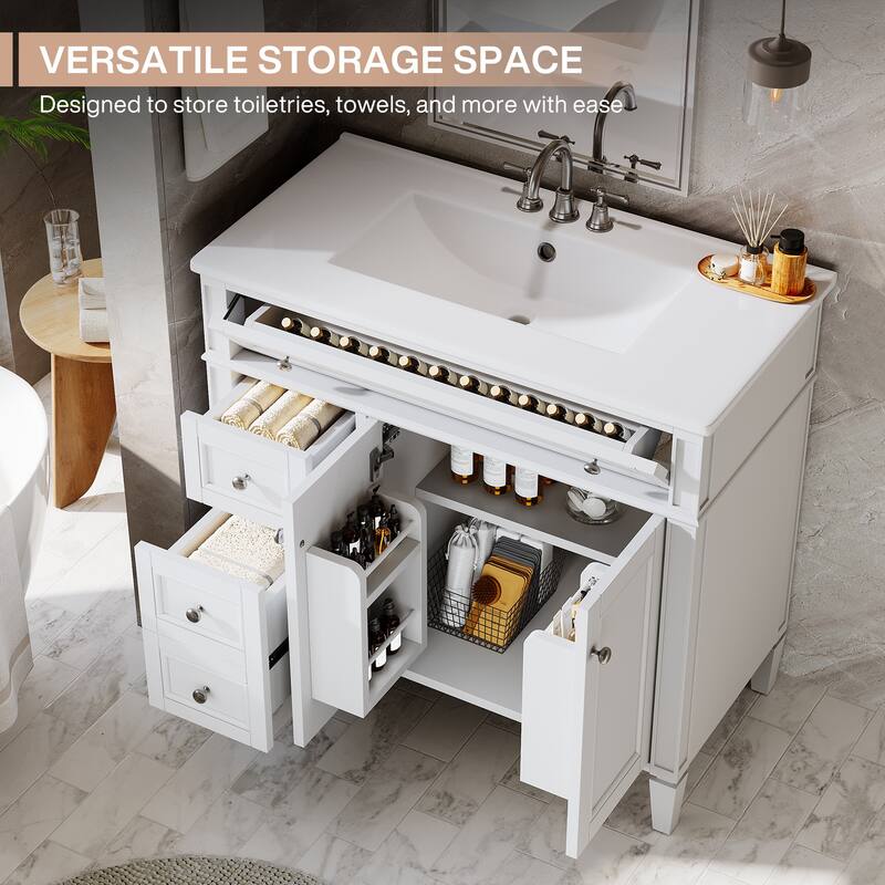 White Modern Wooden Bathroom Vanity with Basin, Floor Storage Cupboard