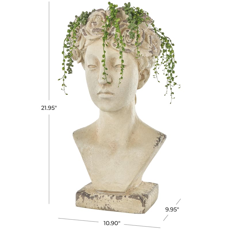 Magnesium Oxide Woman Distressed Antique Greek Bust Indoor Outdoor Planter with Floral Accents - Cream - Roche River Decor