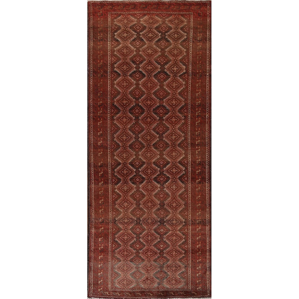 Geometric Balouch Persian Vintage Runner Rug Handmade Wool Carpet - 3'3"x 9'5"