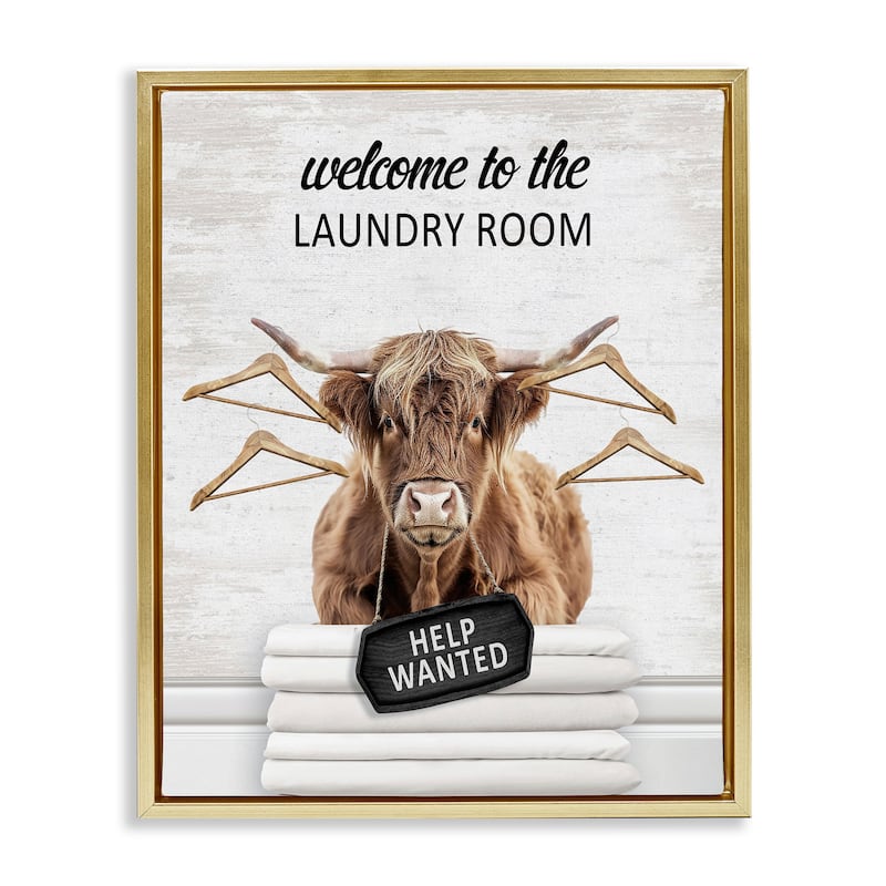 Stupell Welcome Laundry Room Cattle Framed Floater Canvas Wall Art Design By Lettered and Lined - 25 x 31 - Gold