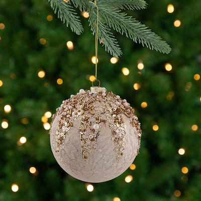 Beaded Sequin Shatterproof Christmas Ball Ornament - 4" - Champagne Gold