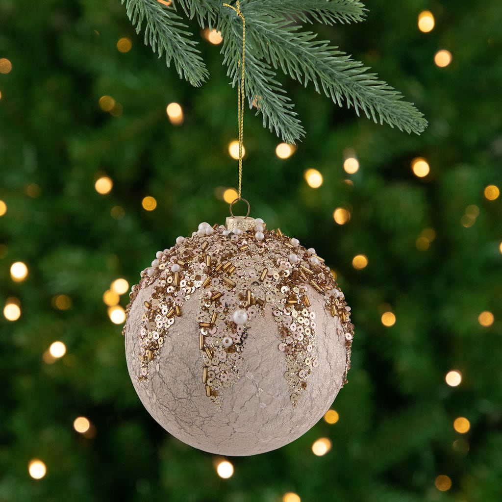 Beaded Sequin Shatterproof Christmas Ball Ornament - 4" - Champagne Gold