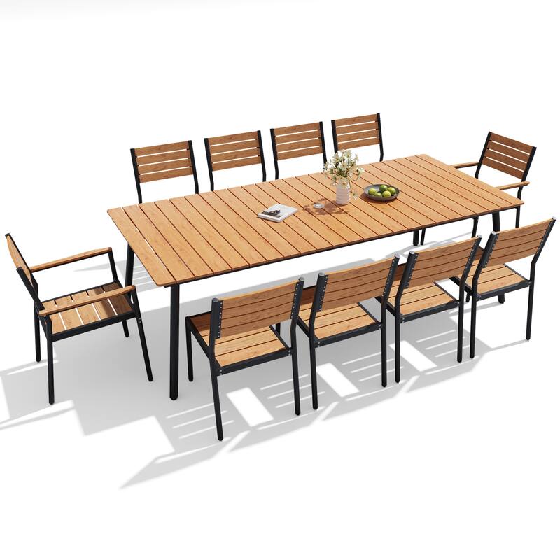 11-Piece Outdoor Patio Dining Set Wood-Like Table Top Alumium Umbrella Hole Table with Stackable Chairs