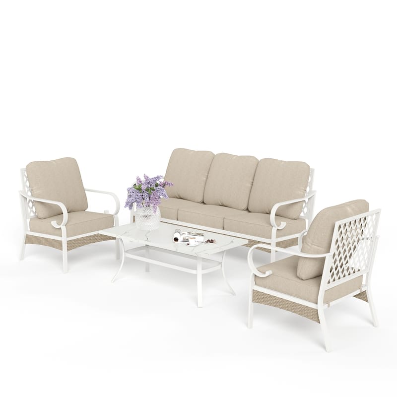 MAISON ARTS 5-Seat Patio Furniture Set, 2 x Cushioned Metal Chair, 1 x 3-Seat Sofa with Marbling Coffee Table - Set 1 - Beige