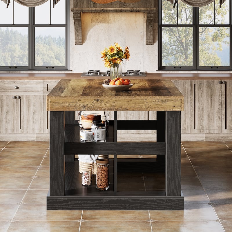 59 Inch Stationary Kitchen Island with Seating and Shelves, Farmhouse Style - 31.5" D x 55.12" W x 35.43" H