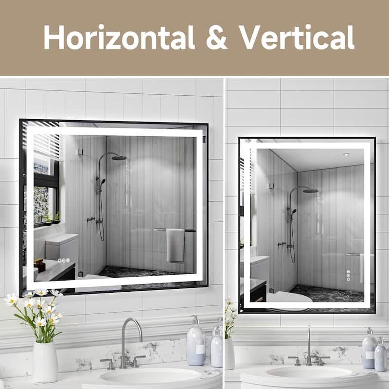 Black LED Bathroom Mirror with Tempered Glass, Anti-Fog, Dimmable - 36" W x 28" H