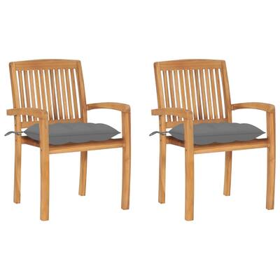 Garden Chairs 2 pcs with Gray Cushions Solid Teak Wood