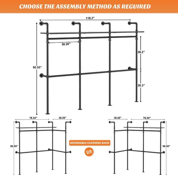 dimension image slide 1 of 3, Industrial Pipe Clothing Rack, Reversible 118.3'' Garment Rack with LED Lights& Shelves for Walk-in Closet