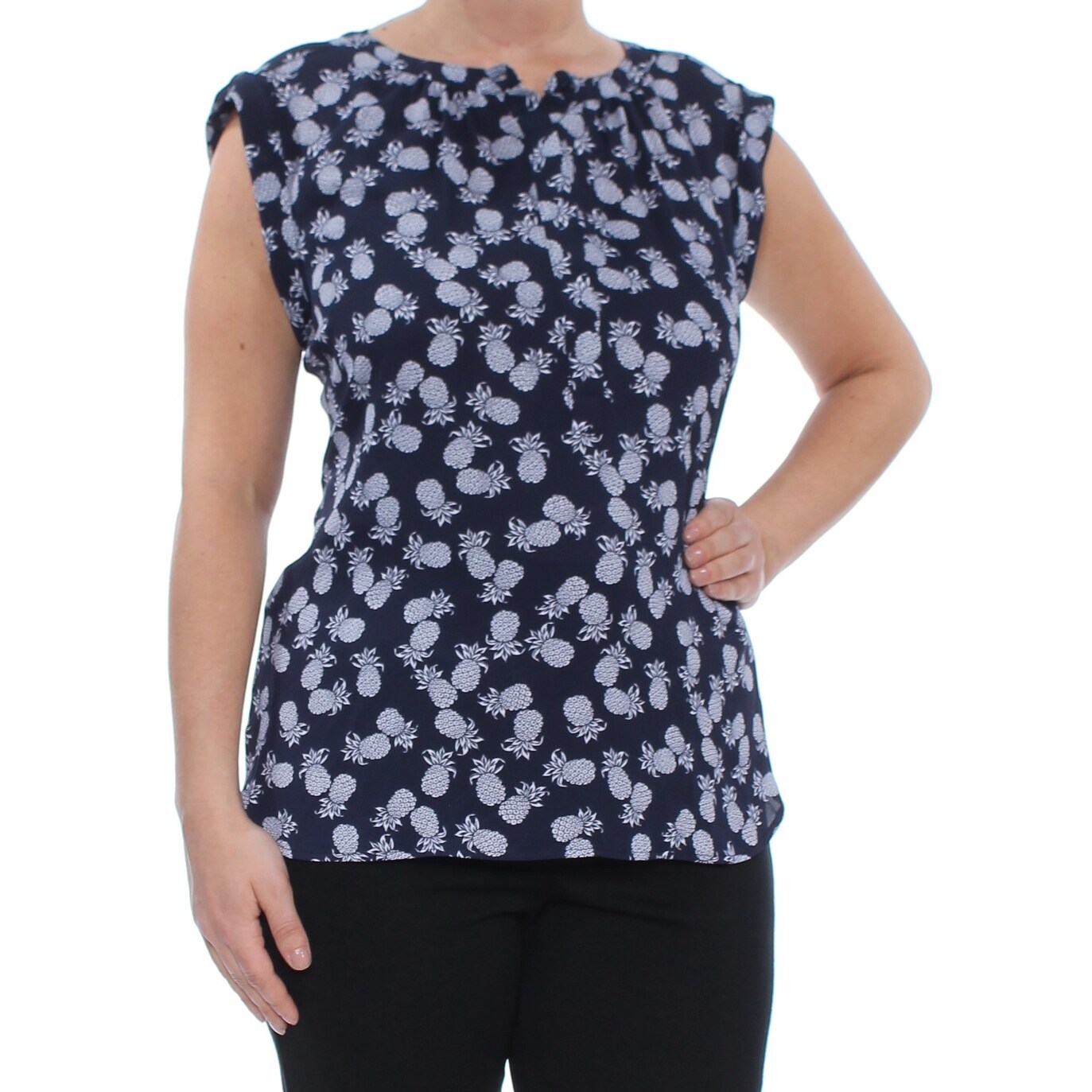 Shop Nine West Womens Navy Pineapple Print Jewel Neck Blouse Top