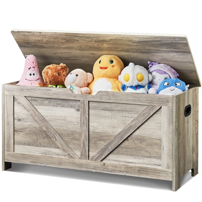 Grey Wooden Kids Toy Storage Bench Box with Flip-Top Lid and Safety Hinge - 39.15” x 15.55” x 18.90”