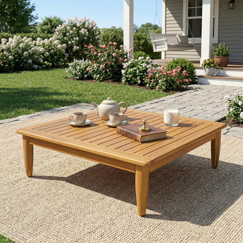 Christopher Knight Home - Sorrel Patio Acacia Wood Square Coffee Table with Slatted Rustic Texture - Teak Finish