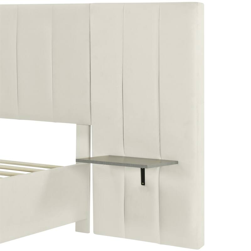 Queen Size Upholstered Platform Bed with Big Headboard, Velvet