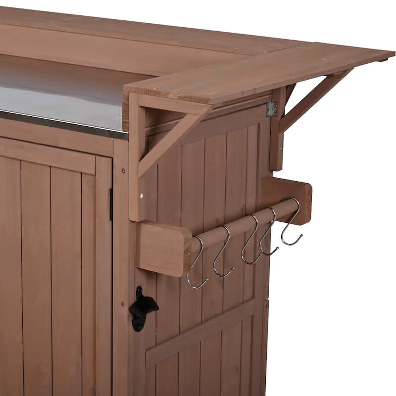60" Rolling Outdoor Kitchen Island with Stainless Steel Top, Wood BBQ Prep Cart with Wine Rack & Drawers