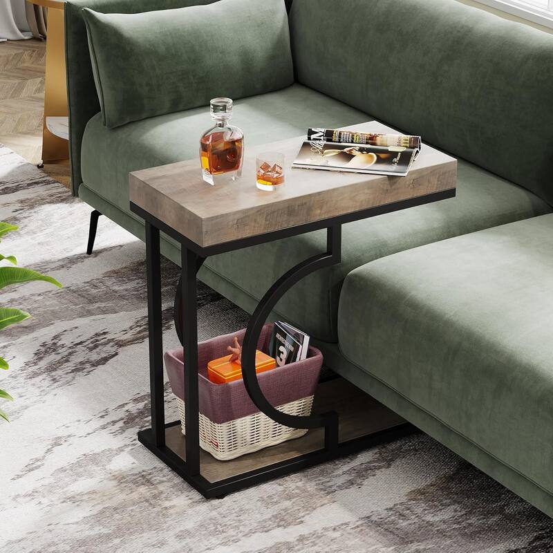 Narrow Side Table End Table Modern Bedside Tables Small Chairside Table for Couch, Sofa Table for Living Room - Grey+Black