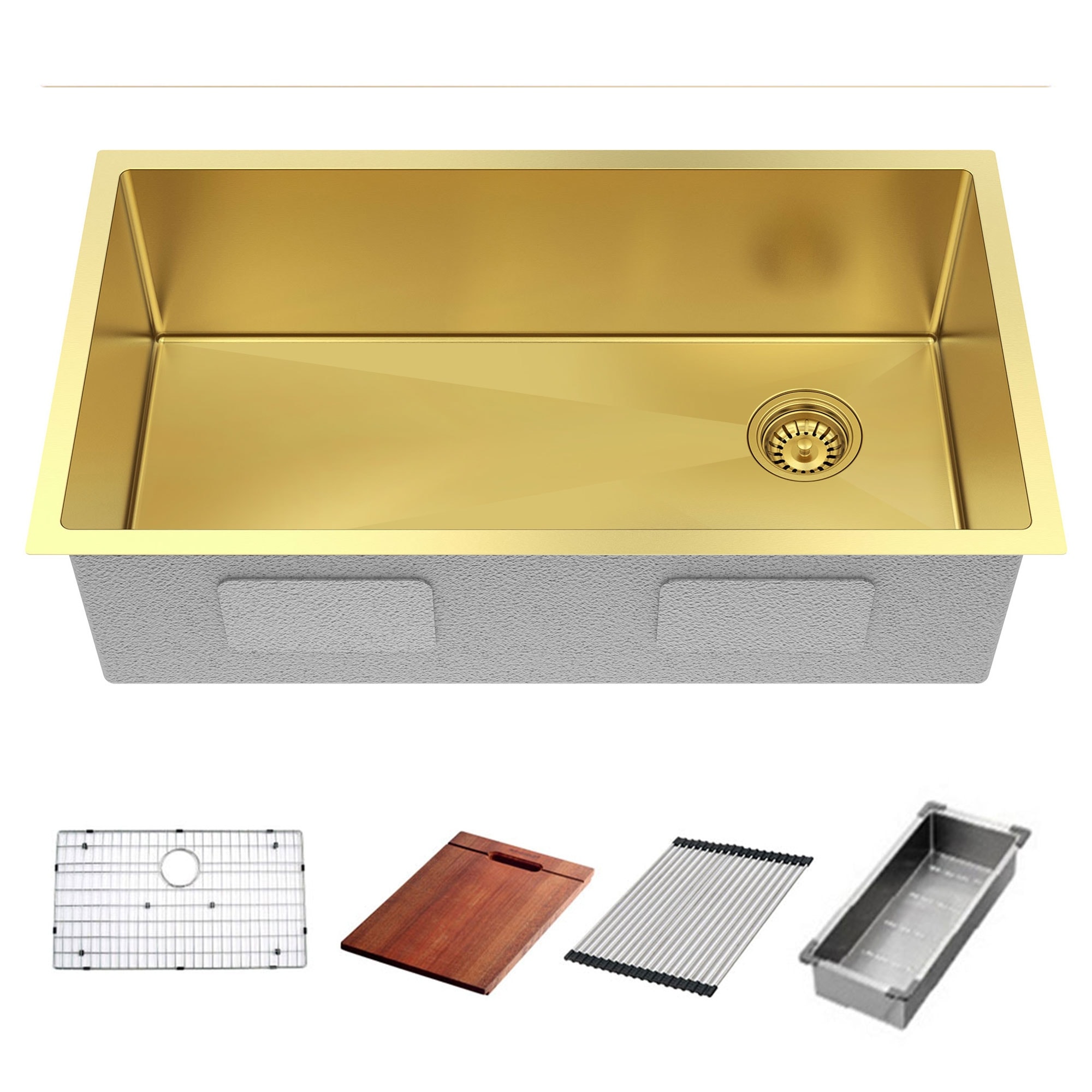 HIGOLD 33 inch Farmhouse Sink With Deep Bowl,Stainless Steel Undermount Kitchen Sink Side-Drainer Hole Designed, PVD Gold