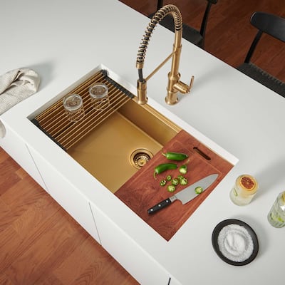 Ruvati 27 inch Polished Brass Matte Gold Workstation Undermount Kitchen Sink Single Bowl - 27" x 19" - 27" x 19"